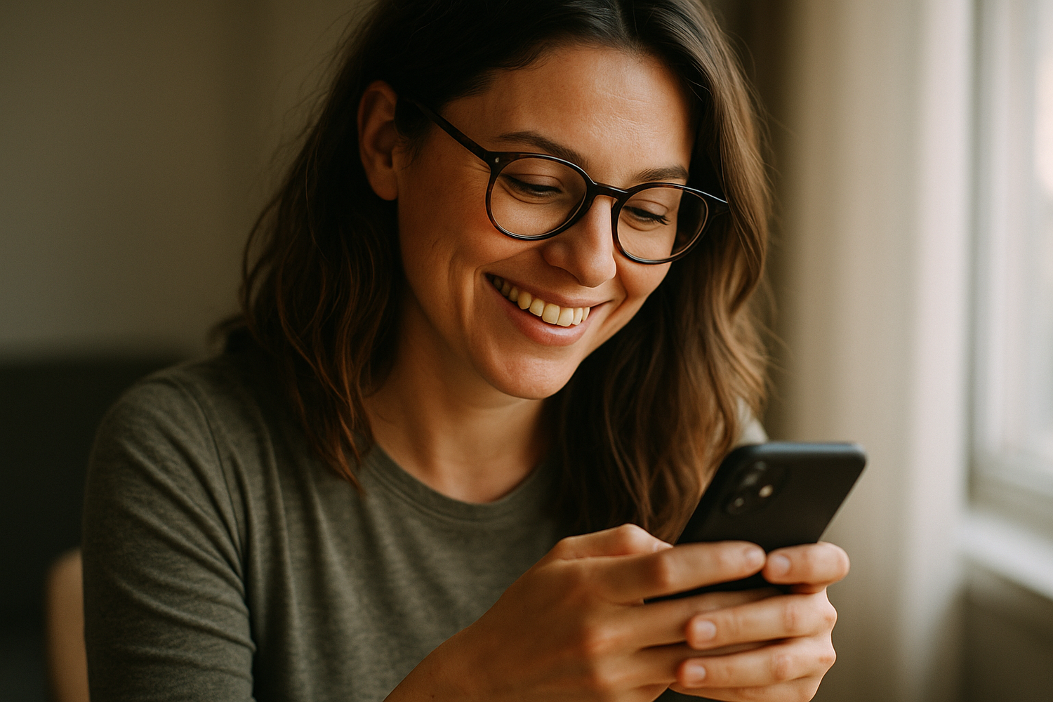 ultra realistic picture of a happy woman in her 30s wearing glasses and texting on her phone, shot on Fuji X-Pro 2 with 35mm 1.8f lens, natural soft light coming from the window on her right with angle of 45 degrees, she's wearing a casual attire 